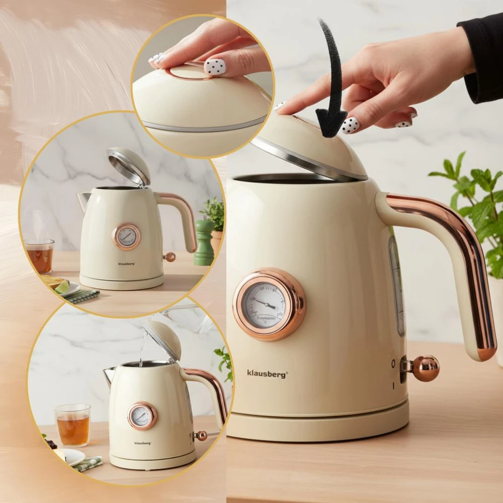Virdulys, Elektrinis virdulys su termometru, nerūdijančio plieno, grietinėlės spalvos, 1,0 l, 1200 W, Klausberg, kb-9018