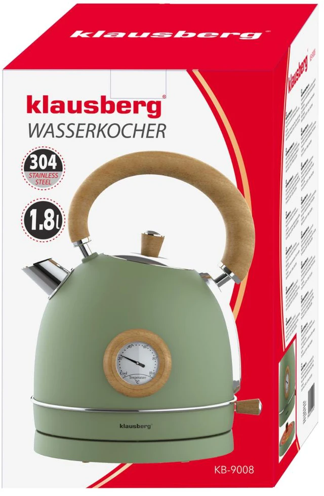 Virdulys, Elektrinis virdulys su termometru, nerūdijančio plieno, žalias su mediena, 1,8 l, 1850–2200 W, klausberg, KB-9008