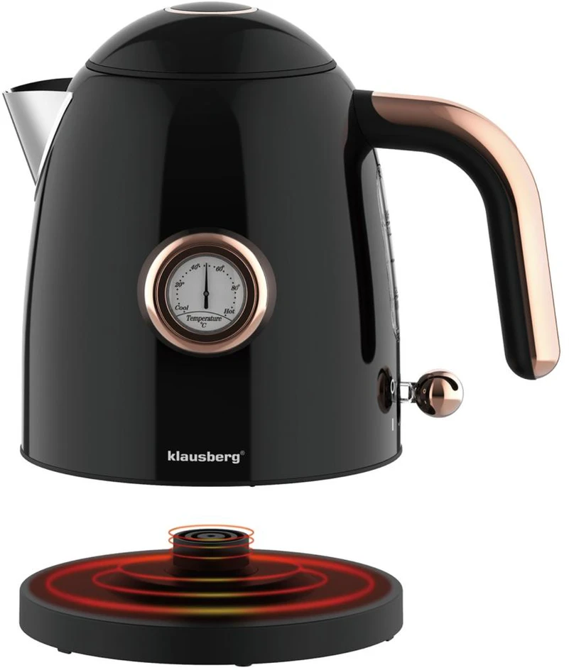Virdulys, Elektrinis virdulys su termometru, nerūdijančio plieno, juodas, 1,0 l, 1200 W, Klausberg, kb-9017