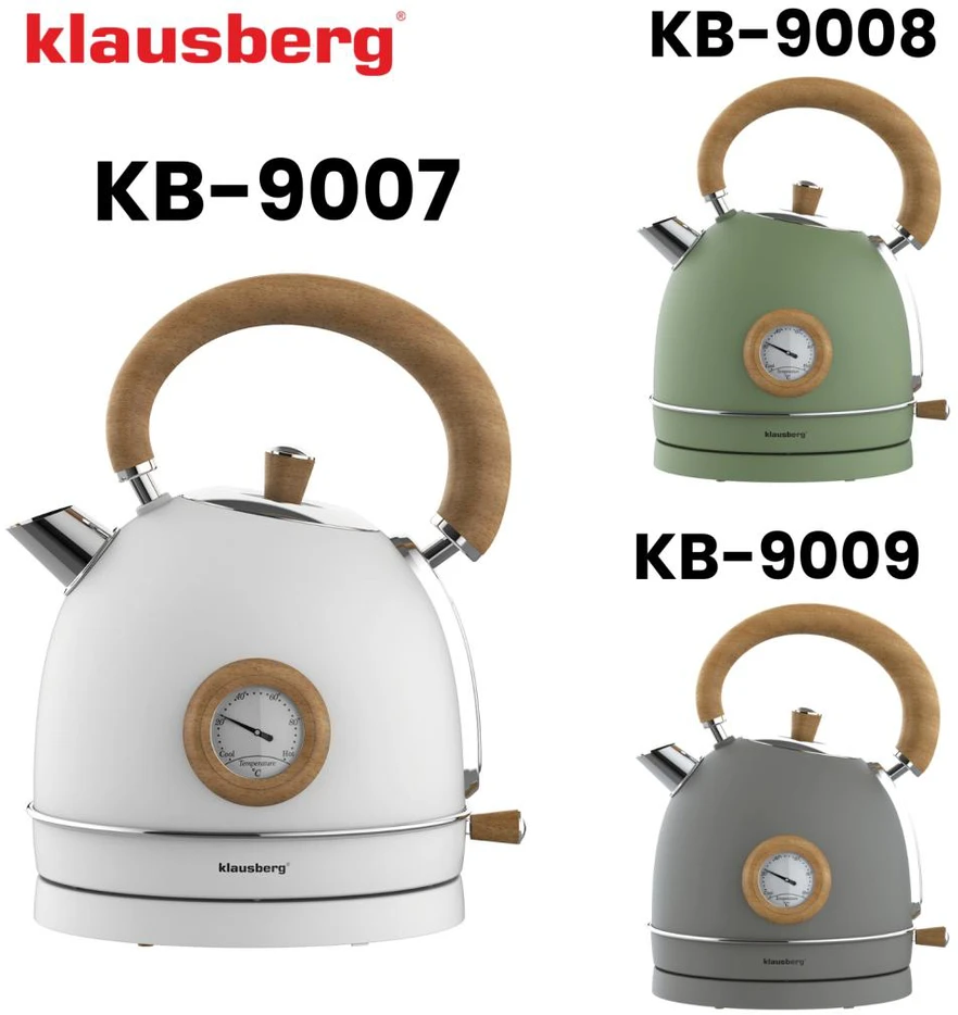 Virdulys, Elektrinis virdulys su termometru, nerūdijančio plieno, baltas su mediena, 1,8 l, 1850–2200 W, klausberg, KB-9007