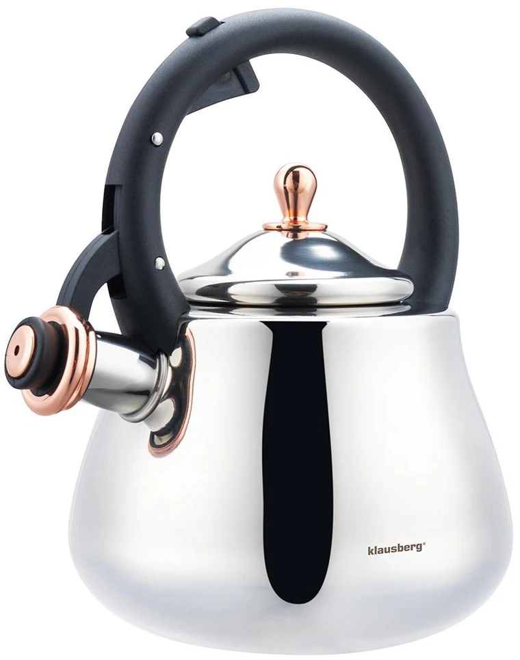 Virdulys, Nerūdijančio plieno virdulys su švilpuku, sidabro spalvos su rožinio aukso elementais, talpa 2,8 l, Klausberg, kb-7776