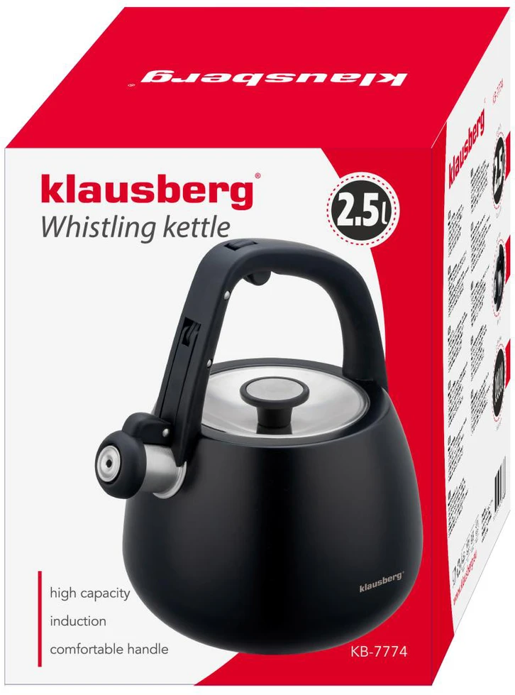 Virdulys, Nerūdijančio plieno virdulys su švilpuku, juodas, talpa 2,5 l, klausberg, kb-7774