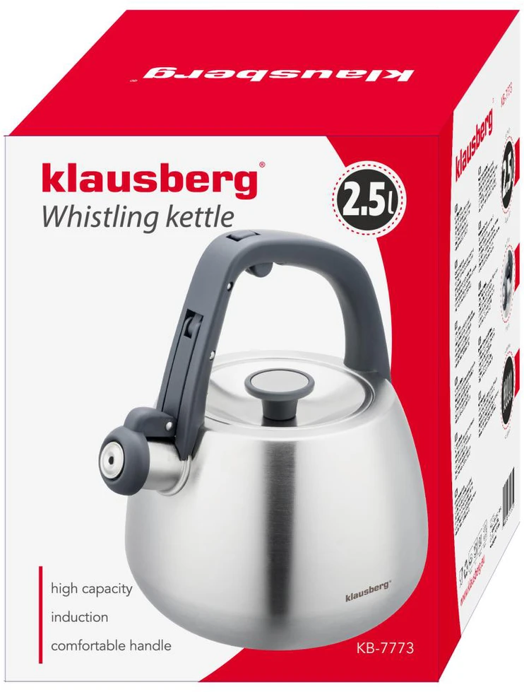 Virdulys, Nerūdijančio plieno virdulys su švilpuku, šlifuoto sidabro spalvos, talpa 2,5 l, Klausberg, kb-7773