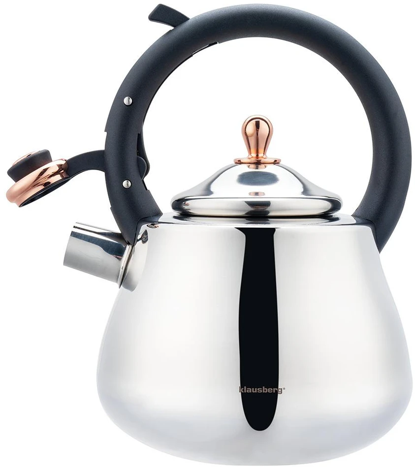 Virdulys, Nerūdijančio plieno virdulys su švilpuku, sidabro spalvos su rožinio aukso elementais, talpa 2,8 l, Klausberg, kb-7776