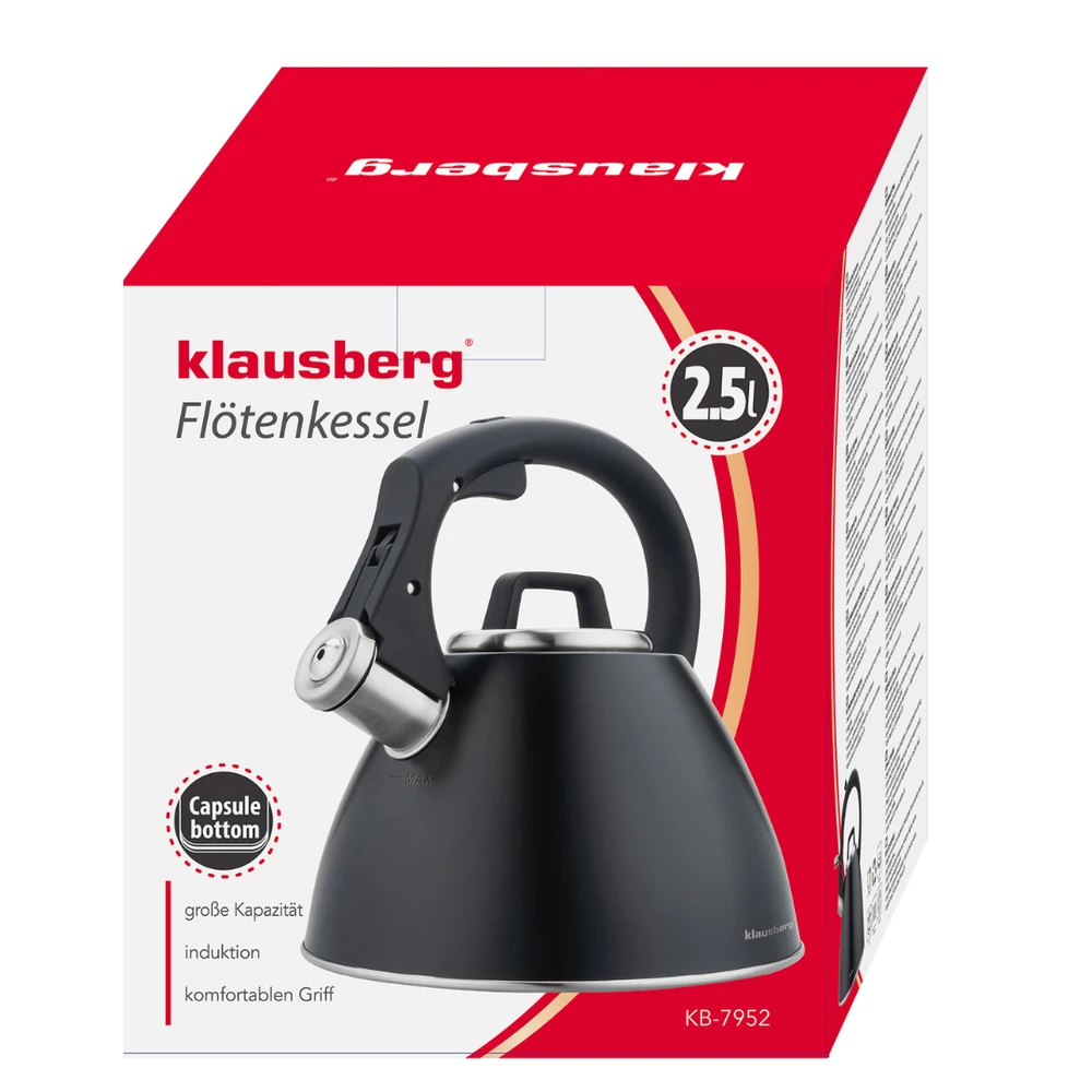 Virdulys, Plieninis virdulys 2,5 l matinės juodos spalvos su minkšta rankena, Klausberg kb-7952