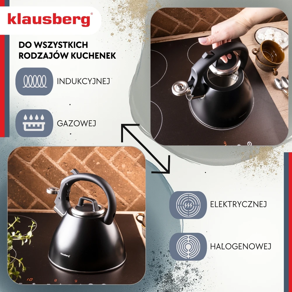 Virdulys, Plieninis virdulys 2,5 l matinės juodos spalvos su minkšta rankena, Klausberg kb-7952