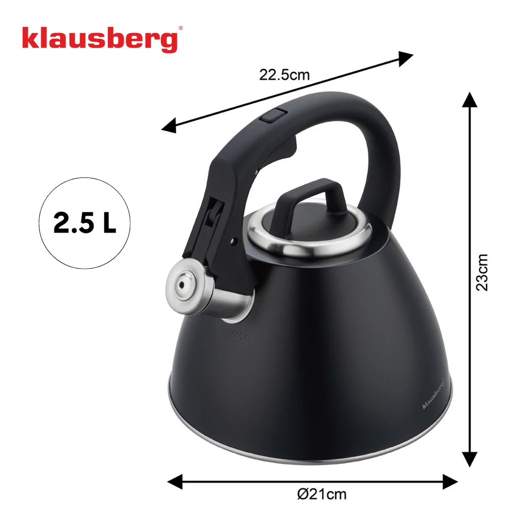 Virdulys, Plieninis virdulys 2,5 l matinės juodos spalvos su minkšta rankena, Klausberg kb-7952