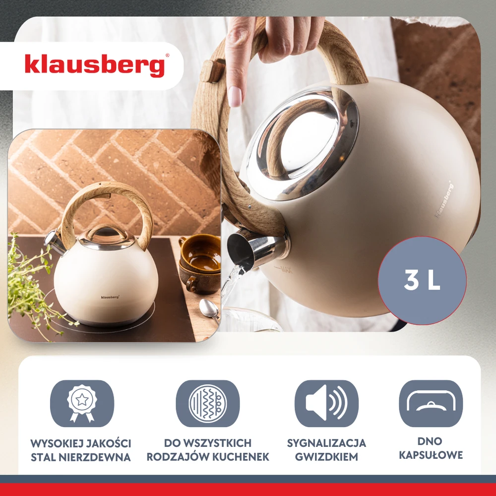 Virdulys, Plieninis virdulys 3 l, matinės smėlio spalvos, su medžio imitacijos rankena, Klausberg kb-7956