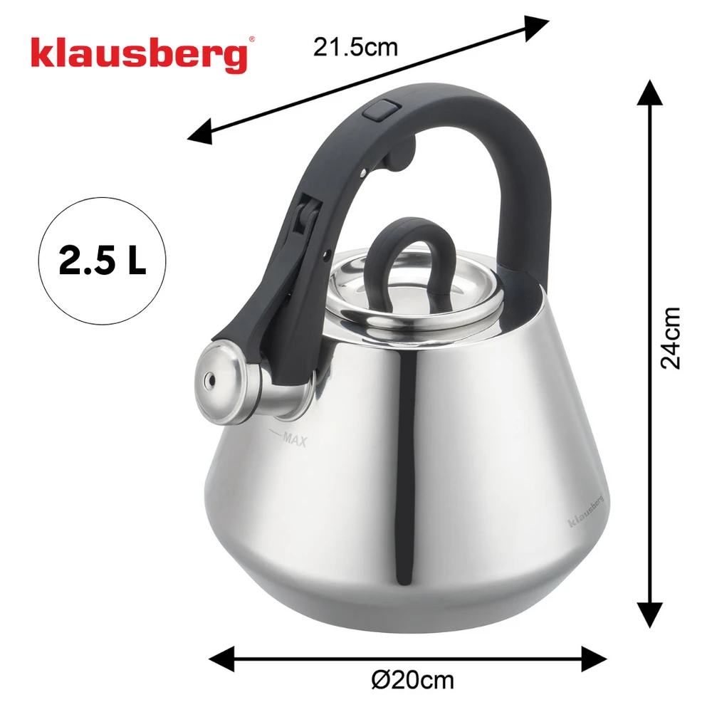 Virdulys, Plieninis virdulys su švilpuku 2,5 l blizgus, indukcinis, Klausberg kb-7947
