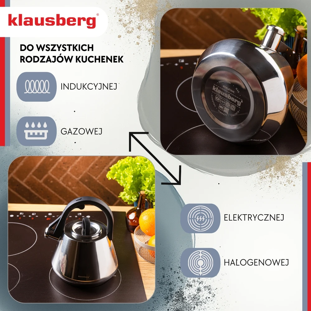 Virdulys, Plieninis virdulys su švilpuku 2,5 l blizgus, indukcinis, Klausberg kb-7947