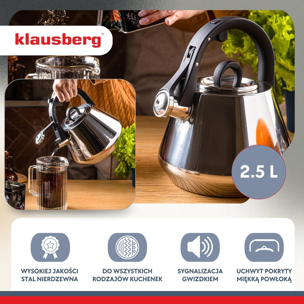 Virdulys, Plieninis virdulys su švilpuku 2,5 l blizgus, indukcinis, Klausberg kb-7947