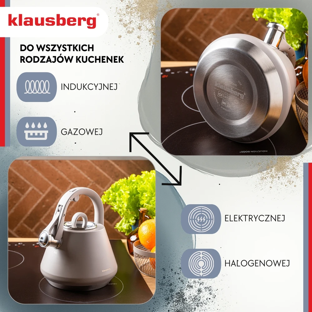 Virdulys, Plieninis virdulys su švilpuku, 2,5 l, matinės pilkos spalvos, indukcinis, klausberg kb-7949