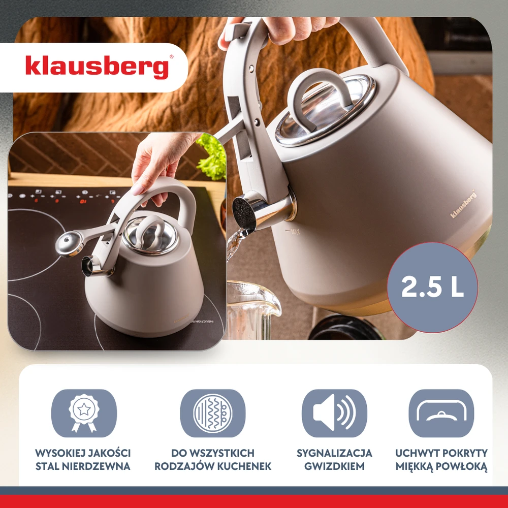 Virdulys, Plieninis virdulys su švilpuku, 2,5 l, matinės pilkos spalvos, indukcinis, klausberg kb-7949