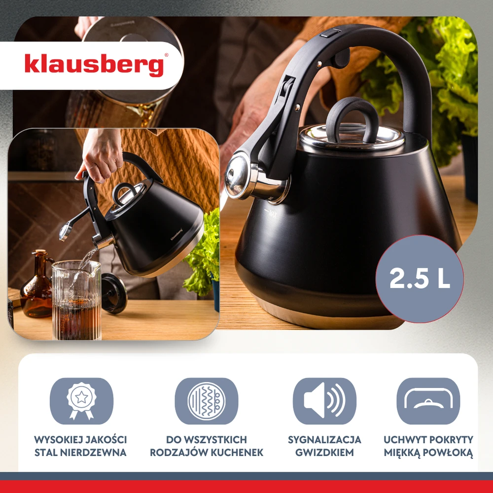 Virdulys, Plieninis virdulys su švilpuku, 2,5 l, matinės juodos spalvos, Klausberg kb-7948