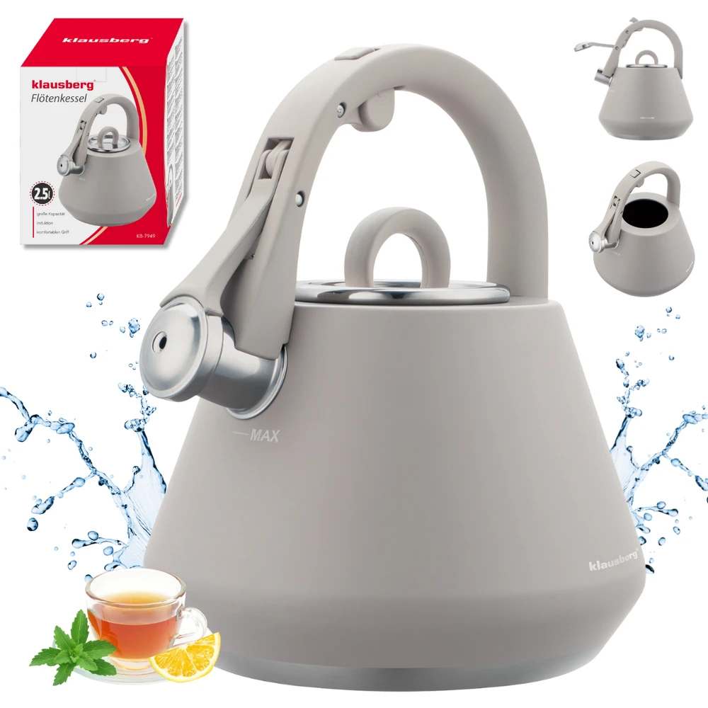 Virdulys, Plieninis virdulys su švilpuku, 2,5 l, matinės pilkos spalvos, indukcinis, klausberg kb-7949