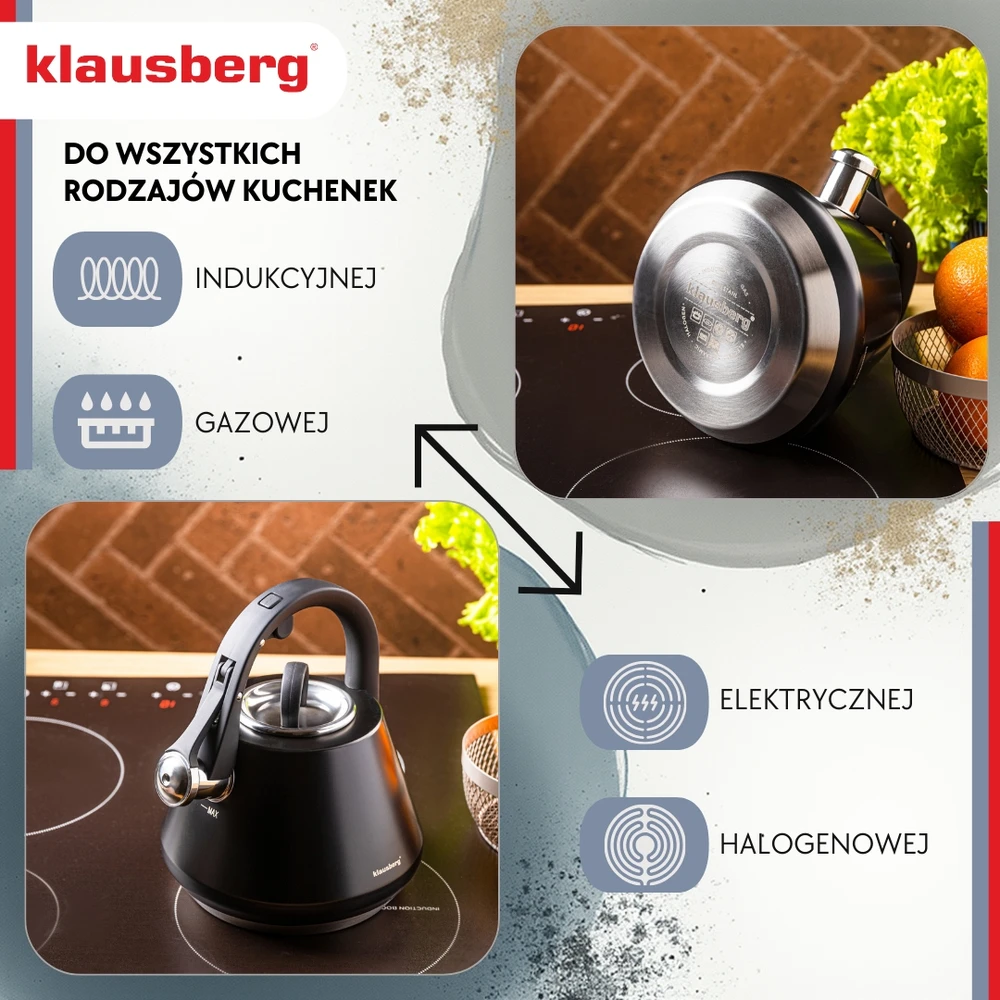 Virdulys, Plieninis virdulys su švilpuku, 2,5 l, matinės juodos spalvos, Klausberg kb-7948