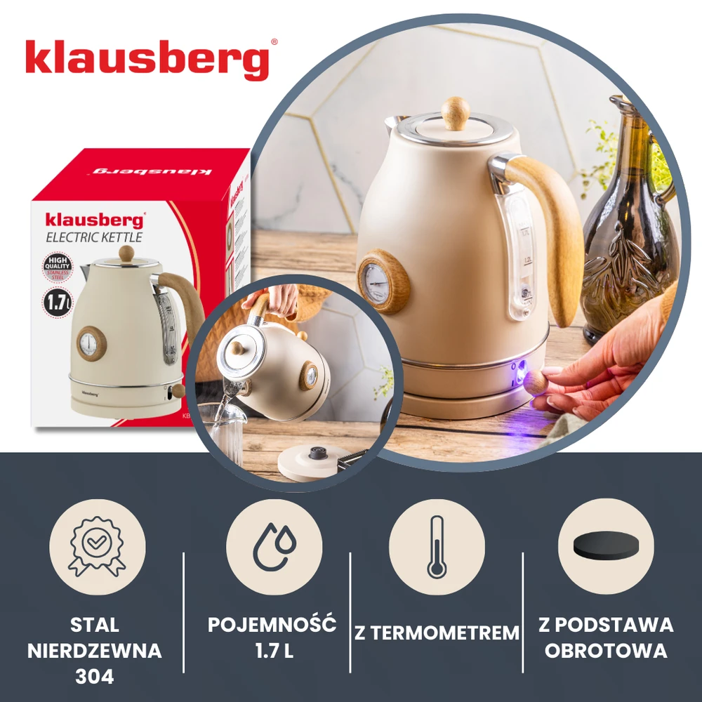 Klausberg Virdulys, Retro elektrinis virdulys su termometru, 1,7 l, kreminės spalvos, 304 nerūdijančio plieno