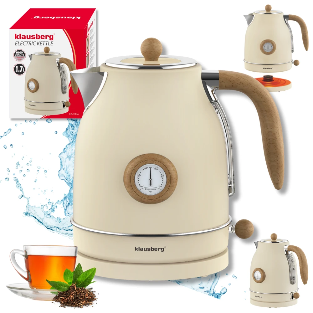 Klausberg Virdulys, Retro elektrinis virdulys su termometru, 1,7 l, kreminės spalvos, 304 nerūdijančio plieno