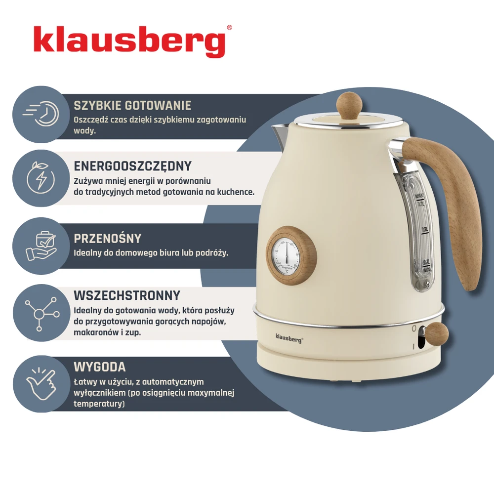 Klausberg Virdulys, Retro elektrinis virdulys su termometru, 1,7 l, kreminės spalvos, 304 nerūdijančio plieno