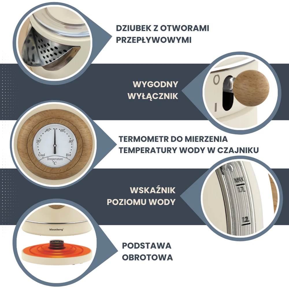 Klausberg Virdulys, Retro elektrinis virdulys su termometru, 1,7 l, kreminės spalvos, 304 nerūdijančio plieno