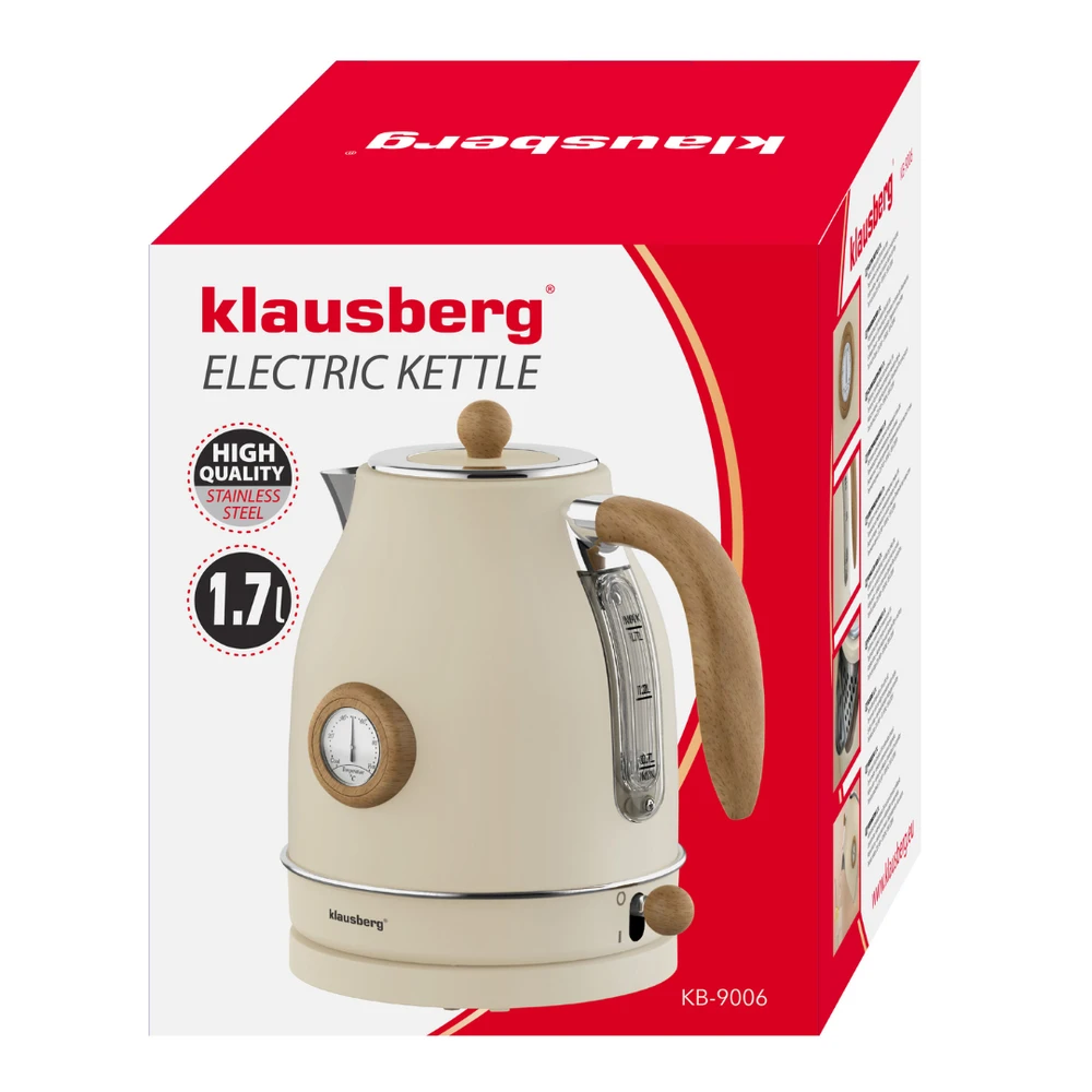 Klausberg Virdulys, Retro elektrinis virdulys su termometru, 1,7 l, kreminės spalvos, 304 nerūdijančio plieno