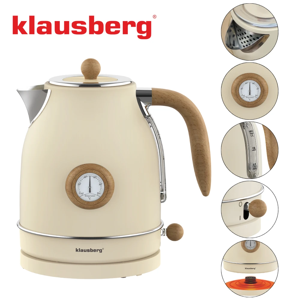 Klausberg Virdulys, Retro elektrinis virdulys su termometru, 1,7 l, kreminės spalvos, 304 nerūdijančio plieno
