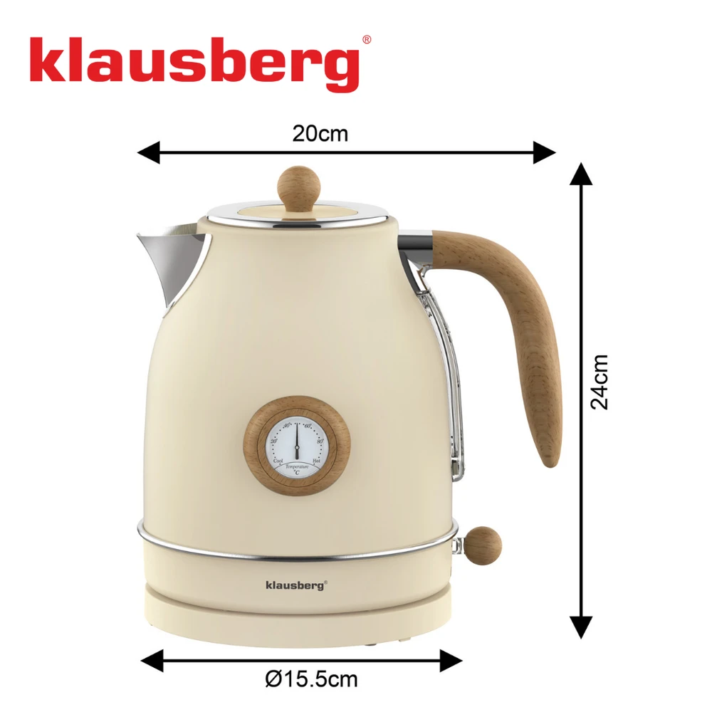 Klausberg Virdulys, Retro elektrinis virdulys su termometru, 1,7 l, kreminės spalvos, 304 nerūdijančio plieno