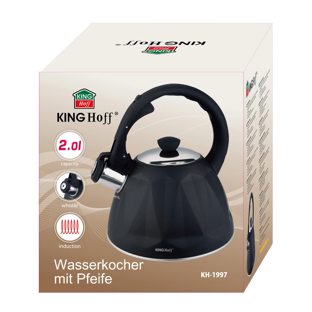 Czajnik, Virdulys, Švilpiantis virdulys, 2 l, matinės juodos spalvos, nerūdijančio plieno