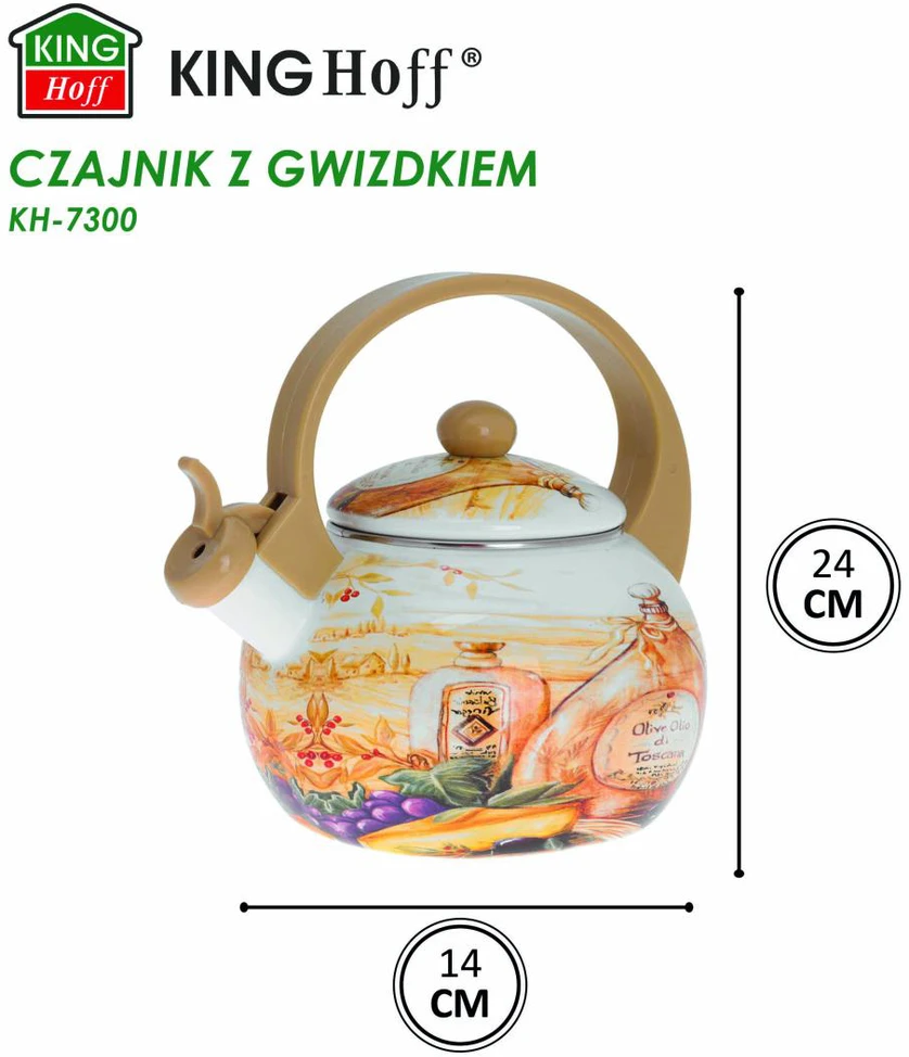King Hoff Virdulys, Švilpiantis virdulys, emaliuotas plienas, Toskanos alyvuogių aliejaus raštas, 2 l, kinghoff, kh-3700