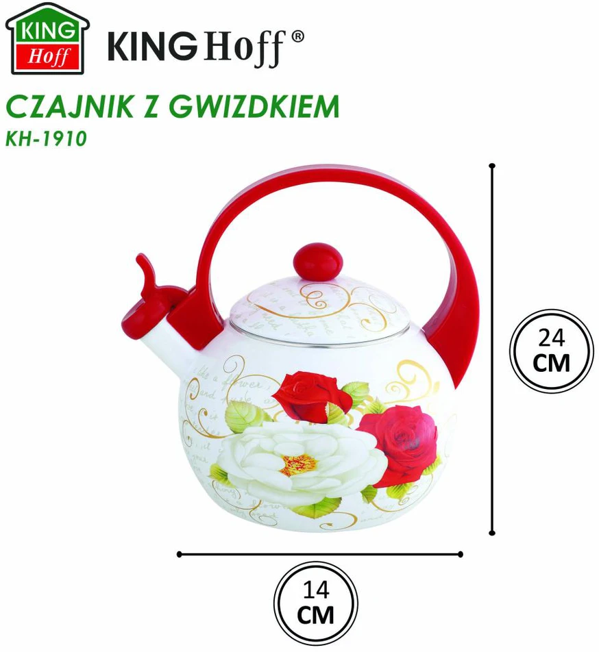 King Hoff Virdulys, Švilpiantis virdulys, emaliuotas plienas, raštas - raudonos ir baltos rožės, 2 l, kinghoff, kh-1910