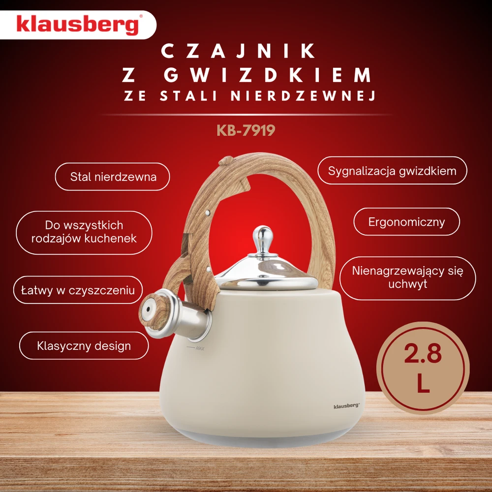 Virdulys, Švilpiantis virdulys, nerūdijančio plieno, smėlio spalvos su medžio imitacijos detalėmis, 2,8 l, Klausberg, kb-7919