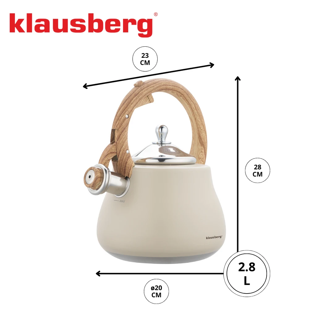 Virdulys, Švilpiantis virdulys, nerūdijančio plieno, smėlio spalvos su medžio imitacijos detalėmis, 2,8 l, Klausberg, kb-7919