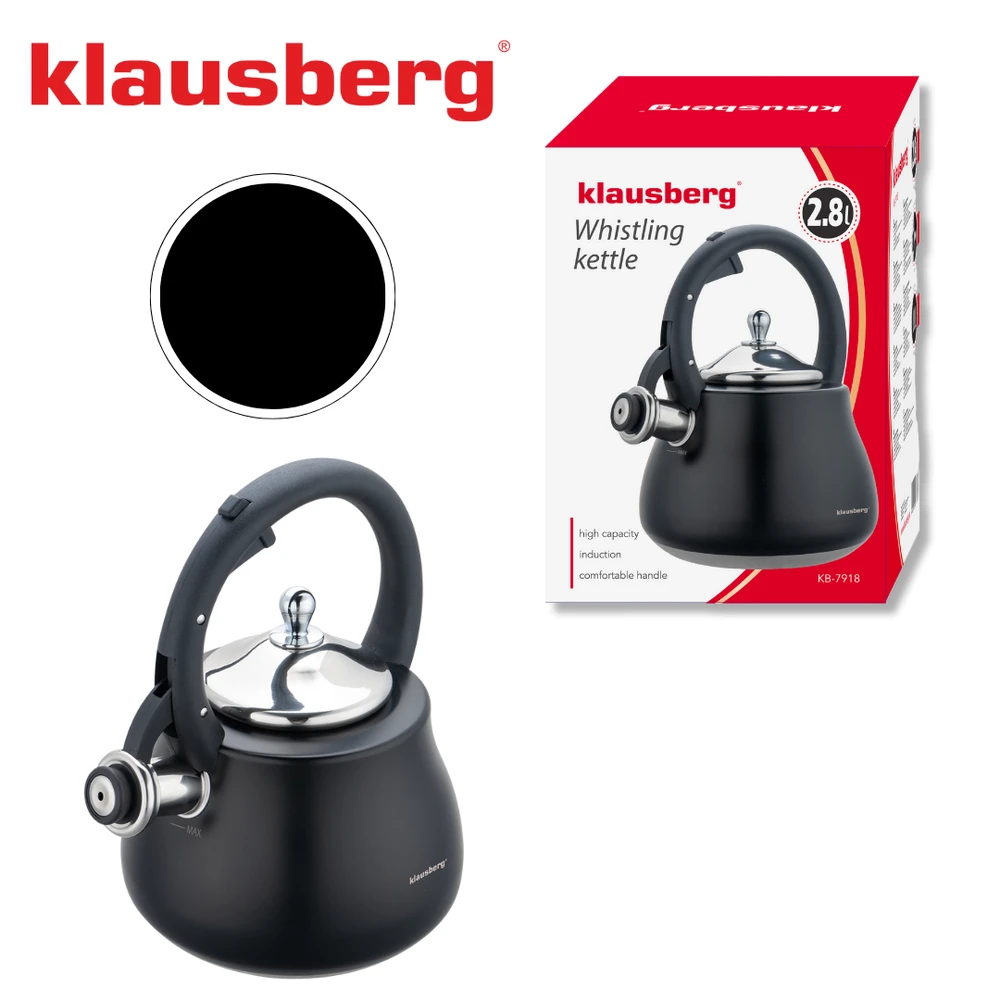 Virdulys, Švilpiantis virdulys, nerūdijančio plieno, juodas su sidabro elementais, 2,8 l, Klausberg, kb-7918