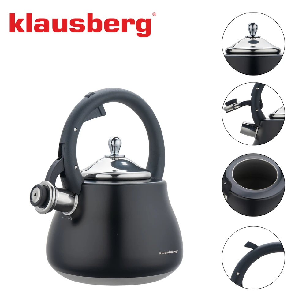Virdulys, Švilpiantis virdulys, nerūdijančio plieno, juodas su sidabro elementais, 2,8 l, Klausberg, kb-7918