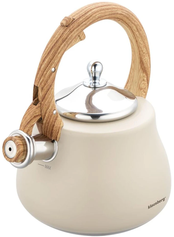 Virdulys, Švilpiantis virdulys, nerūdijančio plieno, smėlio spalvos su medžio imitacijos detalėmis, 2,8 l, Klausberg, kb-7919