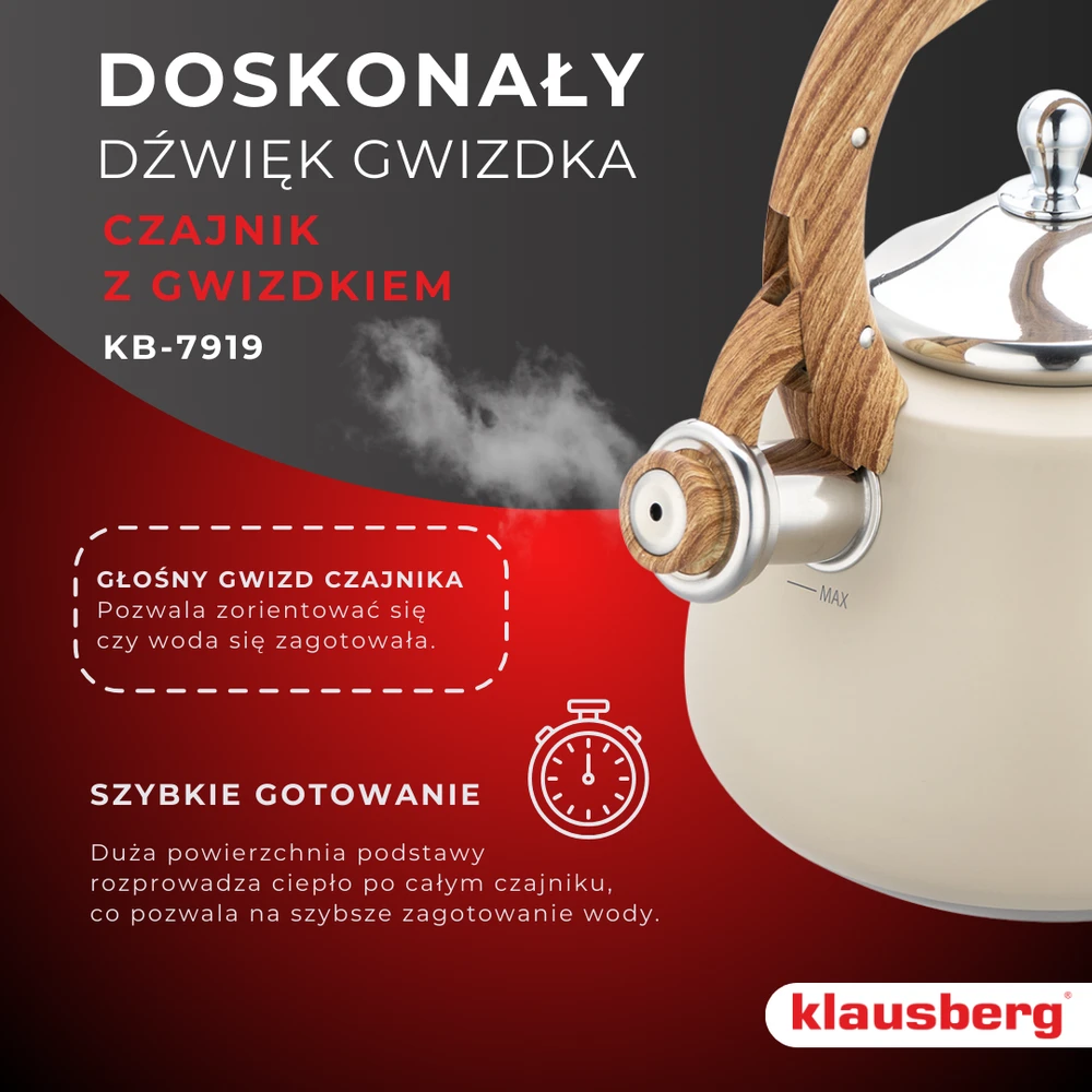 Virdulys, Švilpiantis virdulys, nerūdijančio plieno, smėlio spalvos su medžio imitacijos detalėmis, 2,8 l, Klausberg, kb-7919