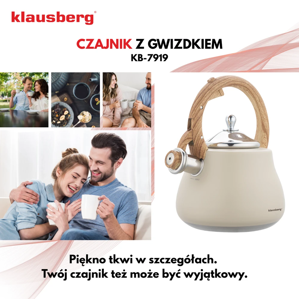 Virdulys, Švilpiantis virdulys, nerūdijančio plieno, smėlio spalvos su medžio imitacijos detalėmis, 2,8 l, Klausberg, kb-7919