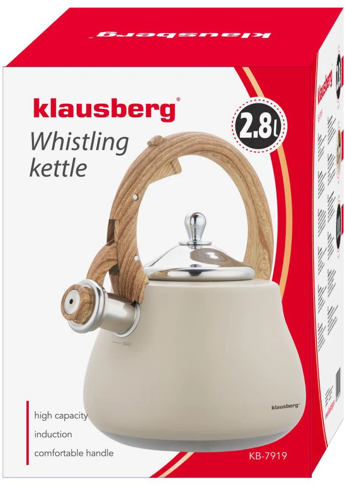 Virdulys, Švilpiantis virdulys, nerūdijančio plieno, smėlio spalvos su medžio imitacijos detalėmis, 2,8 l, Klausberg, kb-7919