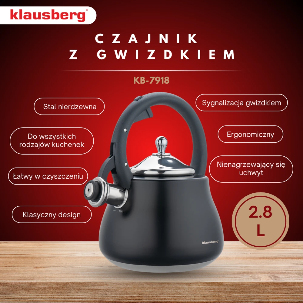 Virdulys, Švilpiantis virdulys, nerūdijančio plieno, juodas su sidabro elementais, 2,8 l, Klausberg, kb-7918