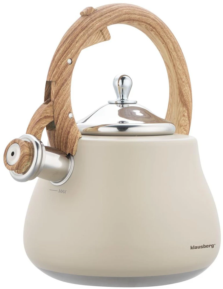 Virdulys, Švilpiantis virdulys, nerūdijančio plieno, smėlio spalvos su medžio imitacijos detalėmis, 2,8 l, Klausberg, kb-7919