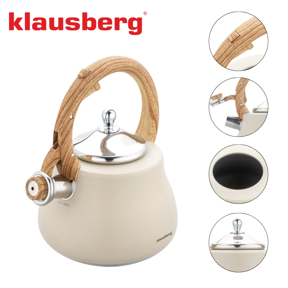 Virdulys, Švilpiantis virdulys, nerūdijančio plieno, smėlio spalvos su medžio imitacijos detalėmis, 2,8 l, Klausberg, kb-7919