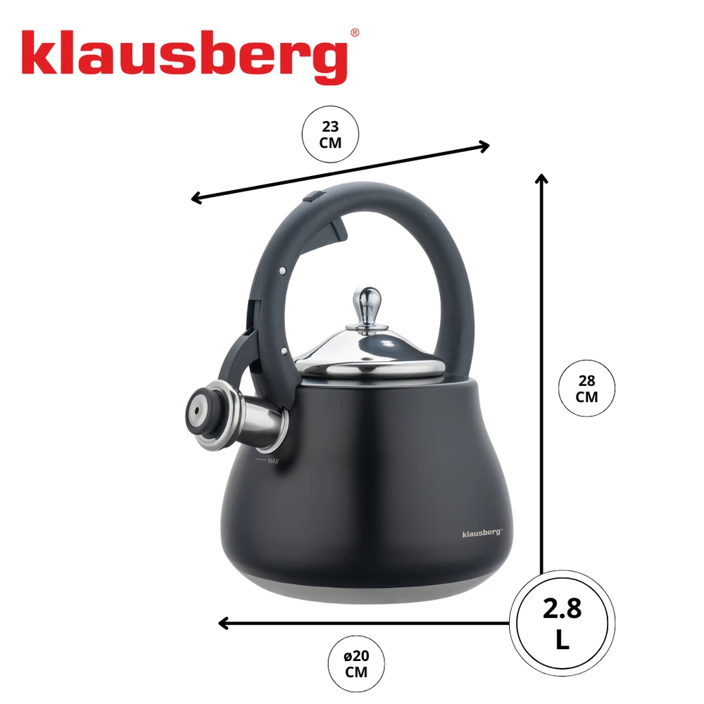Virdulys, Švilpiantis virdulys, nerūdijančio plieno, juodas su sidabro elementais, 2,8 l, Klausberg, kb-7918