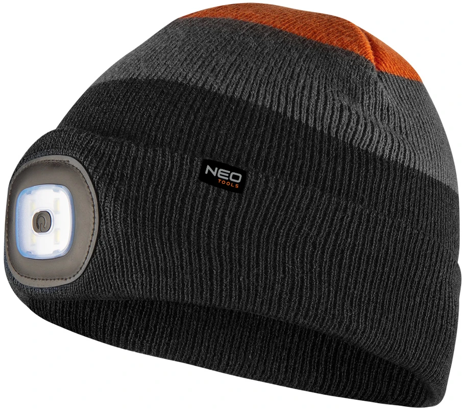 Czapka ŠILTA juoda, pilka ir oranžinė LED žibintuvėlio kepurė