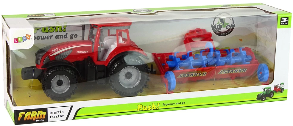 Raudonas traktorius su frikciniu plūgu Lean Toys