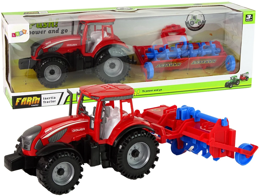 Raudonas traktorius su frikciniu plūgu Lean Toys