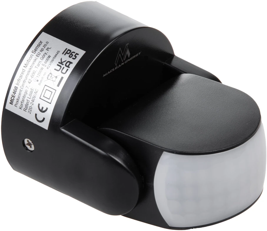 Czujnik „Maclean“ PIR judesio jutiklis, infraraudonųjų spindulių, IP65, juodas, veikimo nuotolis 12 m, maksimali apkrova 800/1200 W, MCE468 B,