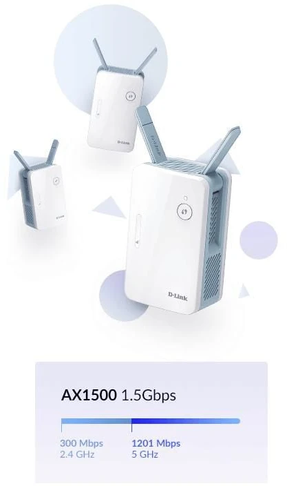 D-Link | AX1500 tinklelio diapazono ilgintuvas | E15/E | 802.11ac | 300+1200 Mbit/s | 10/100/1000 Mbit/s | Ethernet LAN (RJ-45) jungtys 1 | Nėra mobiliojo plačiajuosčio ryšio | MU-MiMO Taip | Antenos tipas 2x išorinė