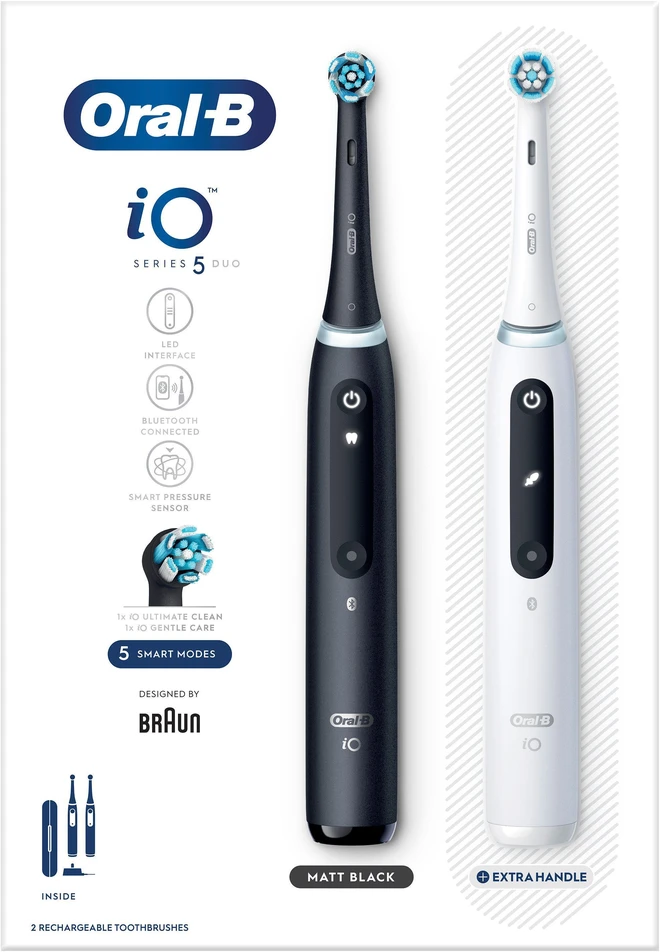 Dantų šepetėlis „Oral B“ iO5 dviejų dalių komplektas, juodos spalvos, UCB ir baltos spalvos, SC elektriniai dantų šepetėliai
