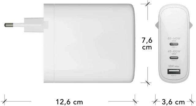 dbramante1928 - Įkrovimas - Sieninis įkroviklis GaN - USB-C 140W + 100W + 18W ES - Baltas