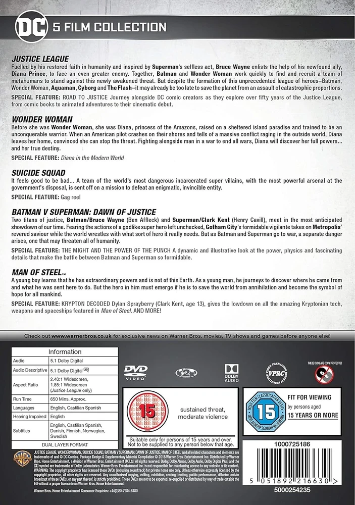 DC COMICS - 5 DVD kolekcijos rinkinys - Riboto leidimo - Teisingumo lyga - Nuostabioji moteris - Savižudžių būrys - Betmenas - Supermenas